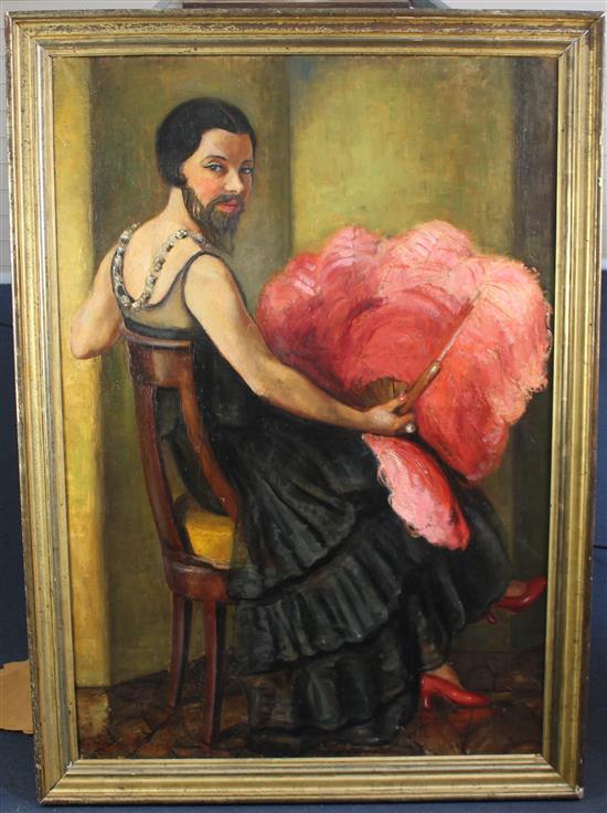 § Hélène Detroyat (1899-1951) Portrait of a bearded lady, seated holding an ostrich feather fan, 45 x 32in.